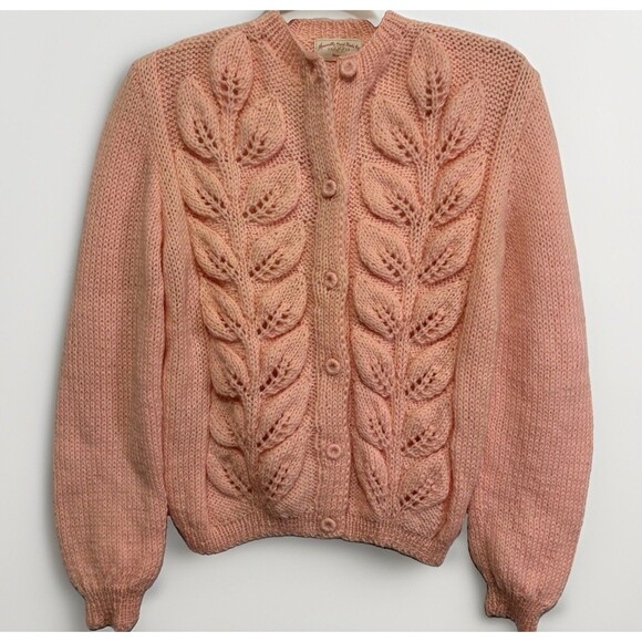 Handmade Sweaters - Vintage Handmade By Hazel Peach Pink Leaf Cable Knit Cardigan Cottagecore M/L